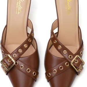 Brown Kitten Heels with Gold Details